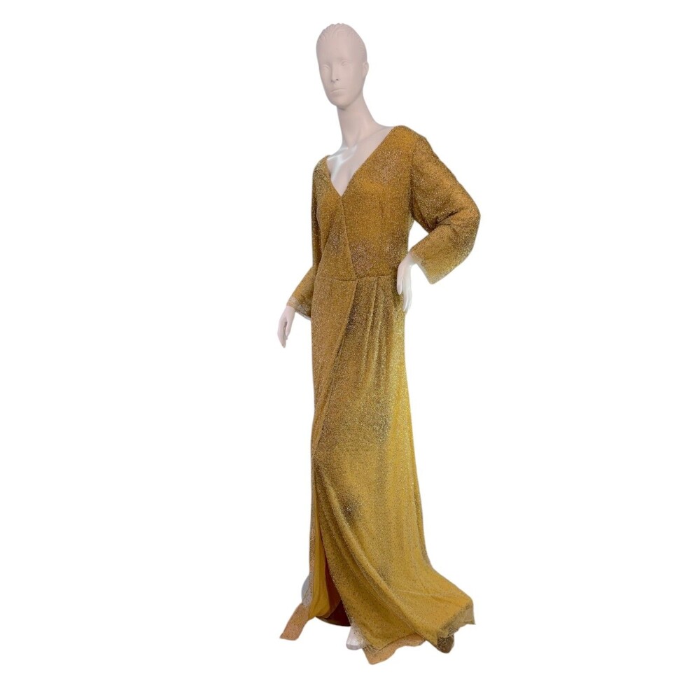 Dennis Basso Handmade Couture Gold Beaded Evening Gown V-Neck $6000 Size XL/XXL